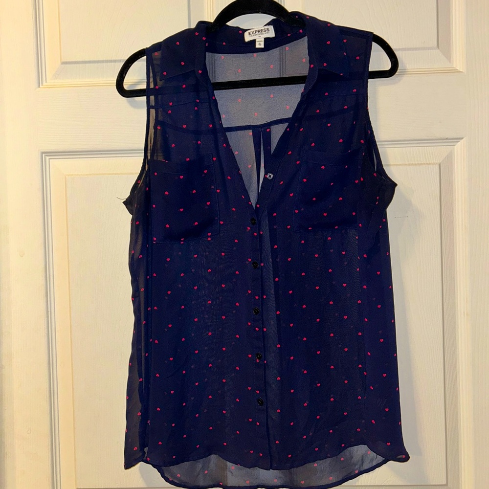 Express Sheer Navy & Hearts Sleeveless Button Up Top
